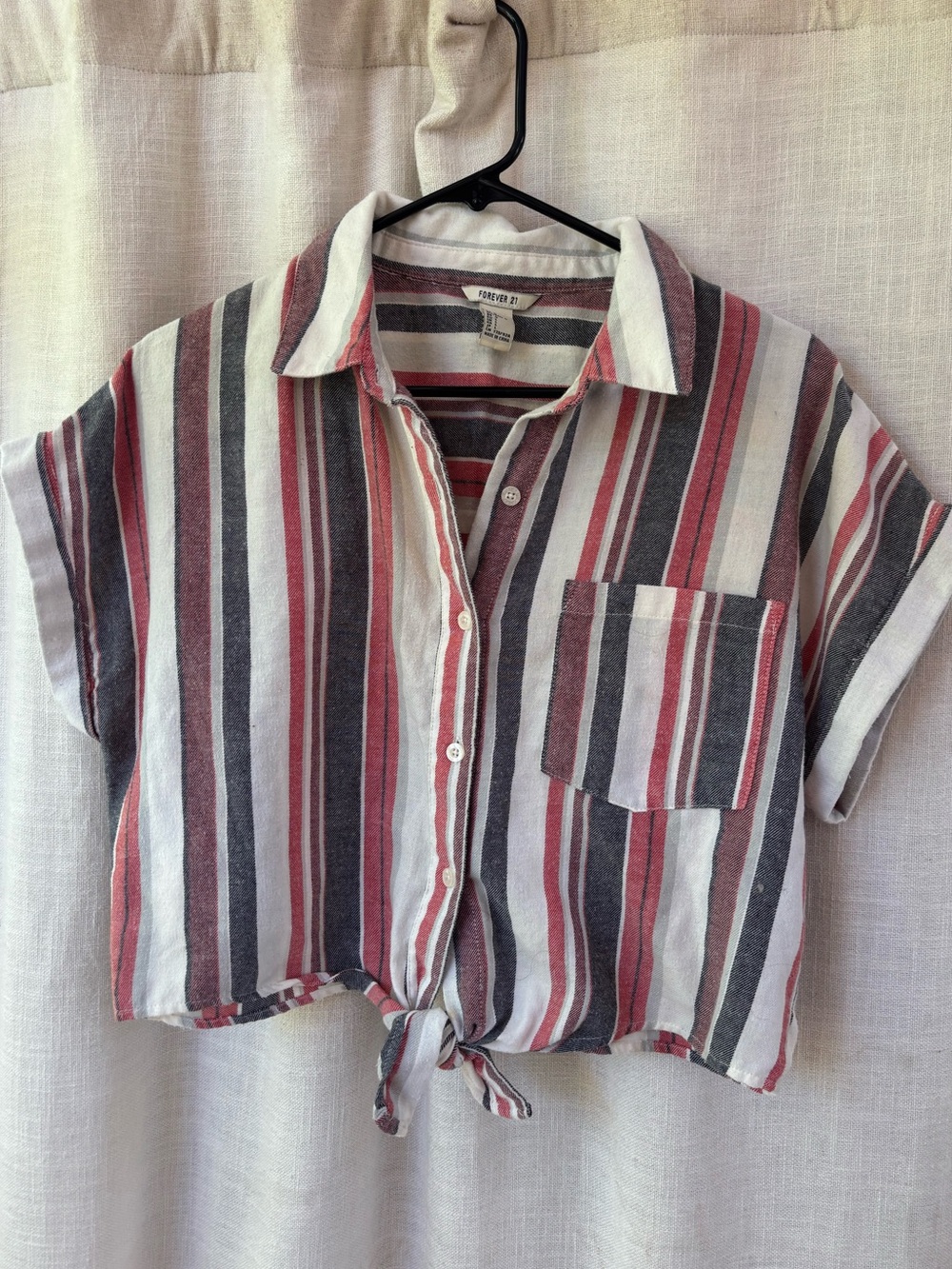 Forever 21 Red, Gray & White Striped Tie-Front Crop Top